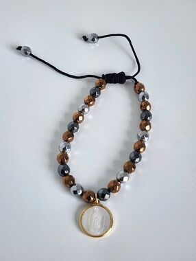Adjustable Hematite Bracelet Virgen Guadalupe San Benito Gold Charm